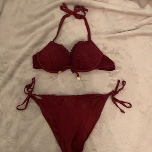Burgundy Lace Push-Up Bikini Set